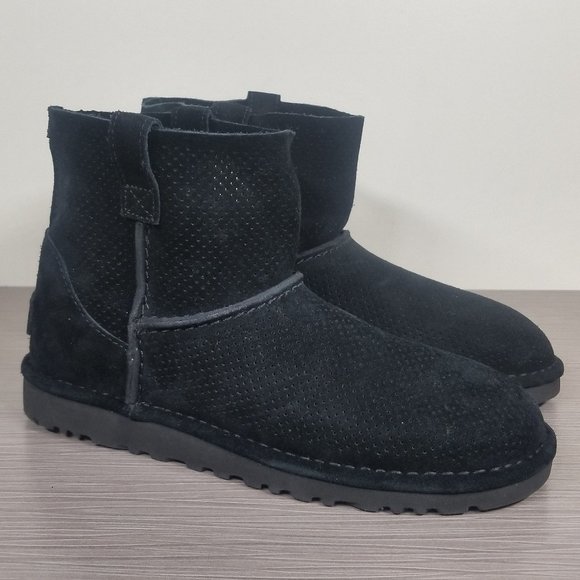 UGG Classic Unlined Mini Perforated Boot, Black Suede, Womens Size 5 & 6 - Picture 1 of 9